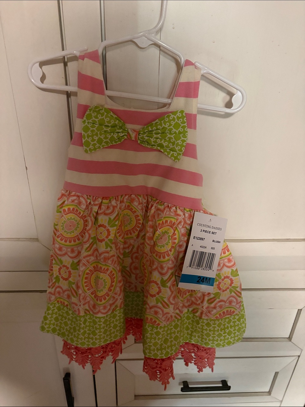 Counting Daisies Pink & Cream Striped Dress with Green Bow
